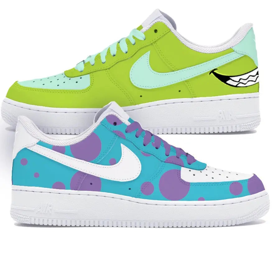 Customized Monsters Inc themed Nike Air Force 1 Low sneakers displayed in a trendy product image