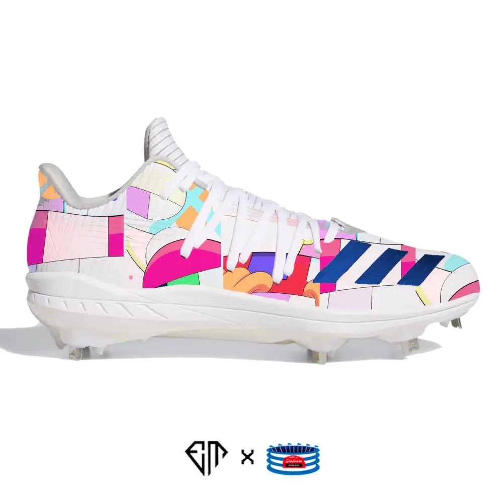 White Adidas Adizero Afterburner 6 cleats with colorful geometric mosaic pattern