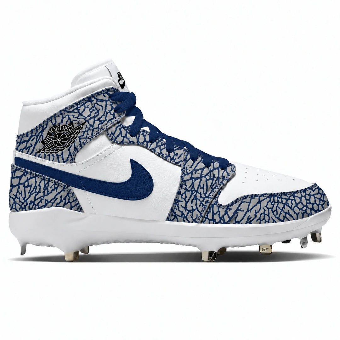 A high-top baseball cleat featuring a white leather base with navy blue and gray elephant print, a navy blue Swoosh, and a green and white elephant print pattern on the toe and heel panels. The shoe is shown in a side profile view against a plain white background.
