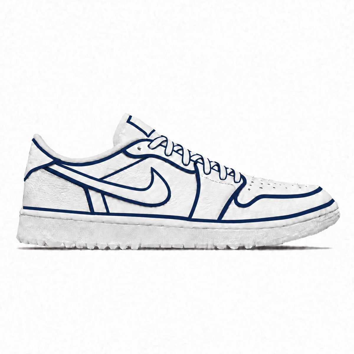 A white low-top Jordan golf shoe with navy blue outline detailing, laces, and the Swoosh logo, shown in a side profile on a light gray background.