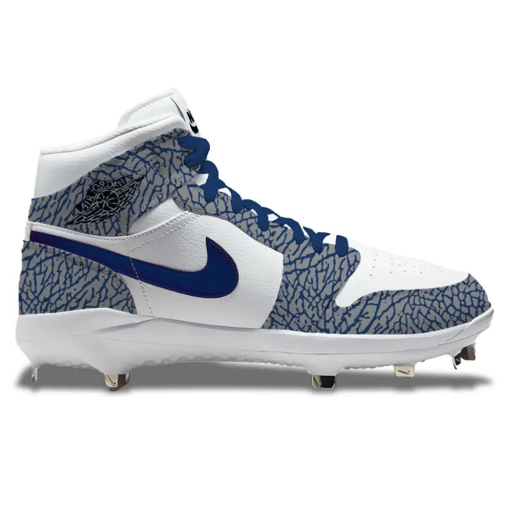 White and blue baseball cleat with a prominent Nike logo on a white background
