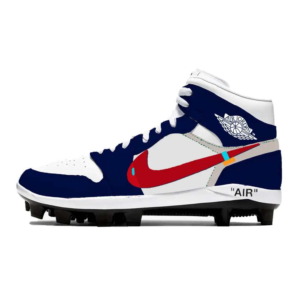 Customized navy and white high-top athletic cleat from Jordan 1 Retro Cleats collection