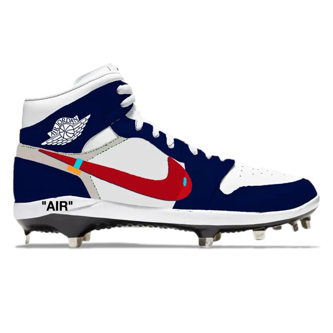 Blue and white cleated shoe with red swoosh logo on a white background