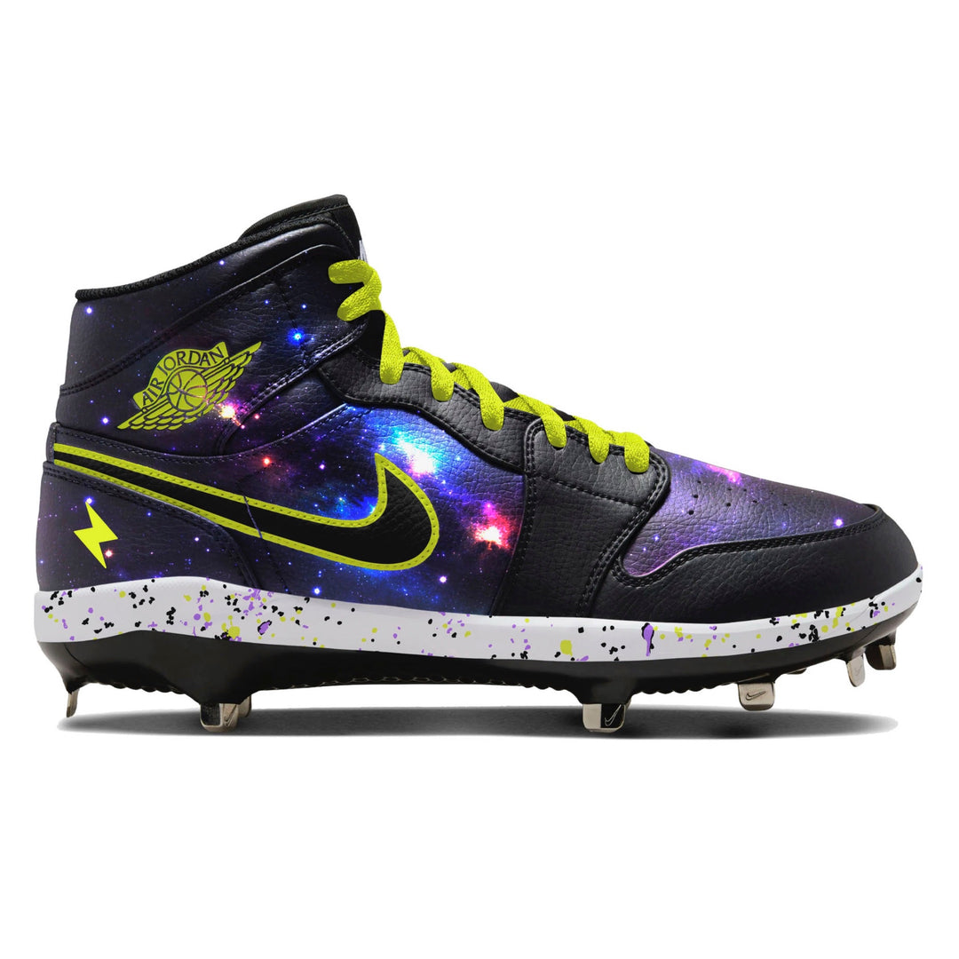 Neon Galaxy custom-painted Jordan 1 Retro cleats featuring a deep space galaxy design with neon yellow swoosh outline, volt laces, lightning bolt detail, and multicolor speckled midsole by Stadium Custom Kicks