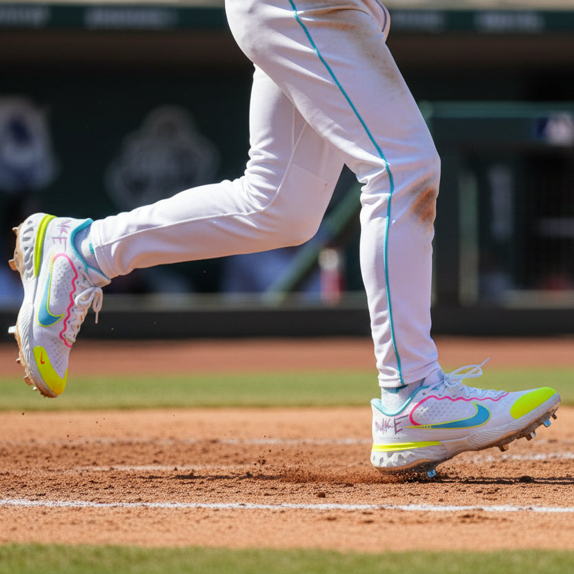 Baseball player wearing custom hand painted Neon Graffiti Nike Alpha Huarache Elite 3 low top Cleats.