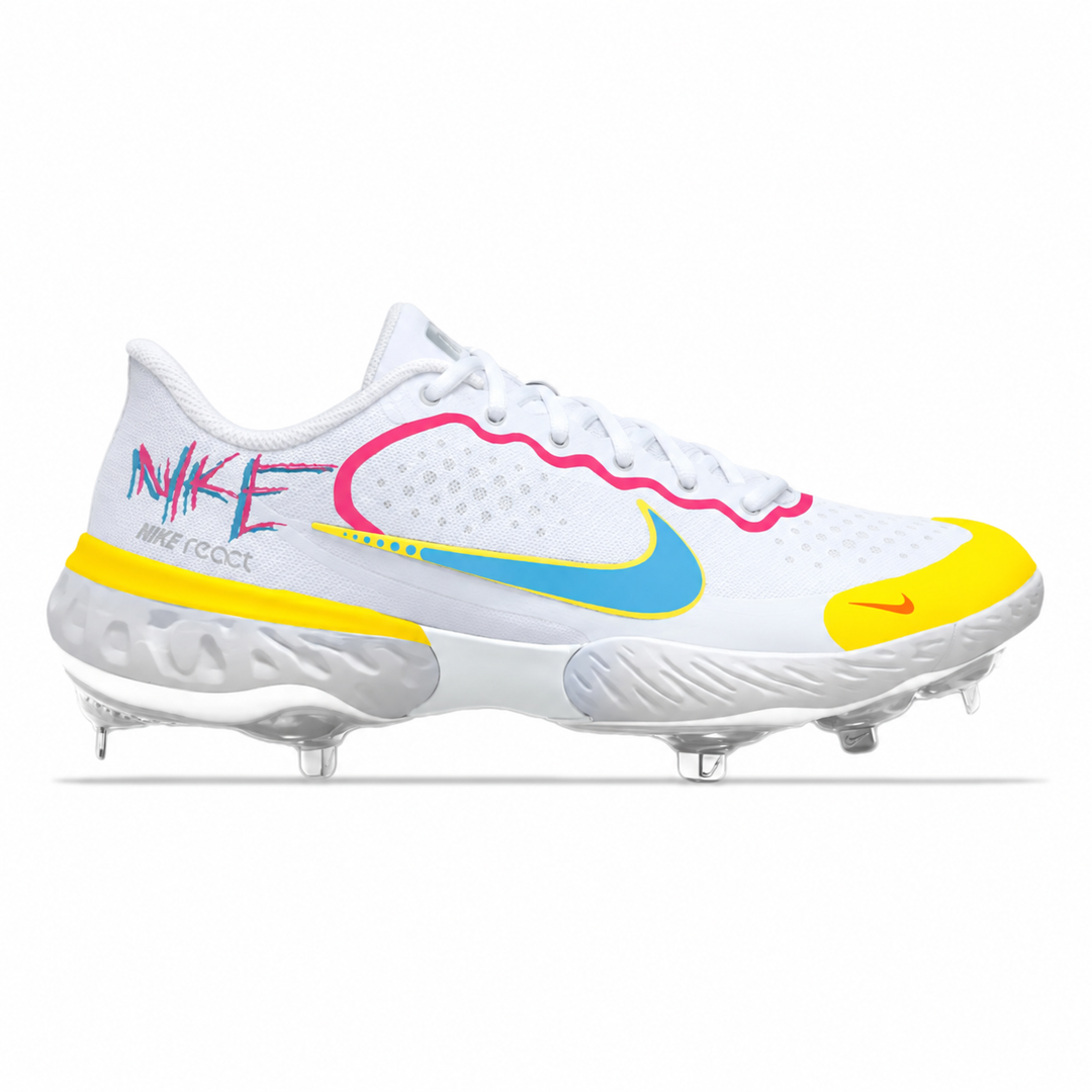 A Nike baseball cleat in white with vibrant yellow, pink, and blue graphic accents, featuring a white Nike Flyknit upper and clear cleats on a white background.
