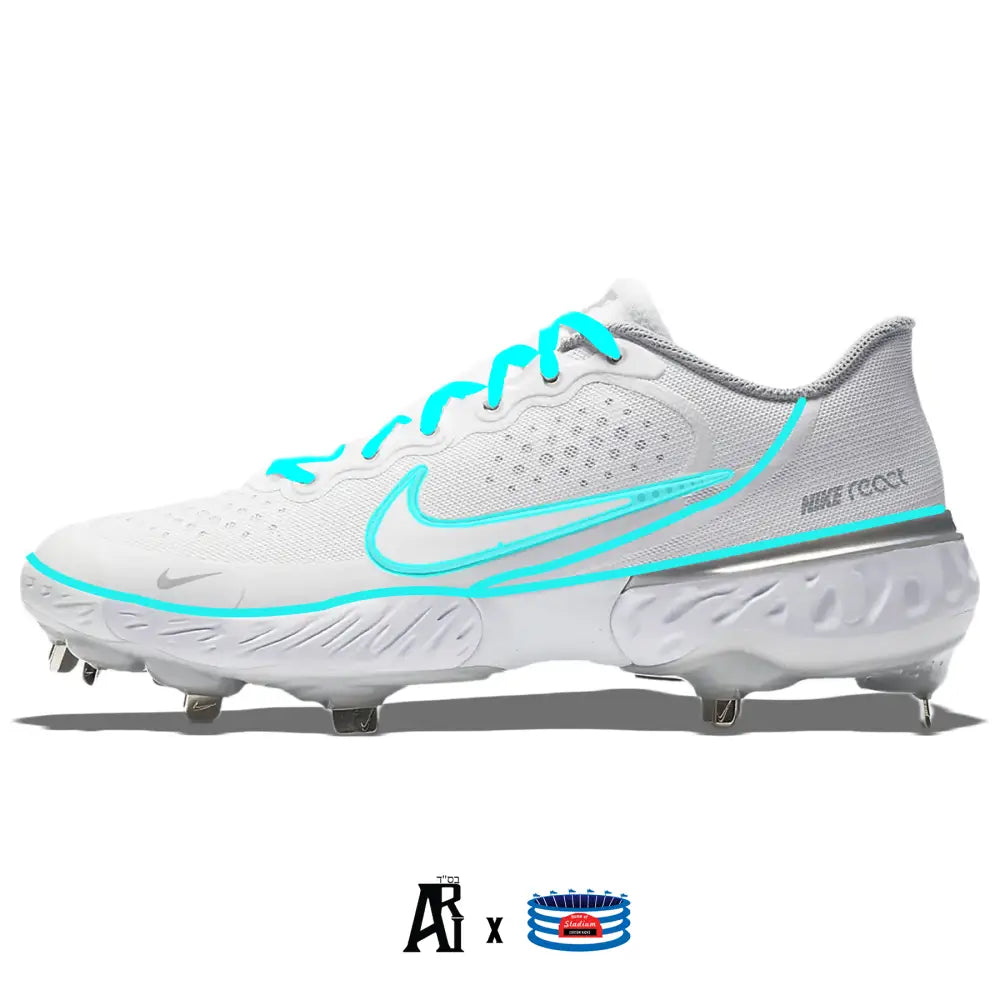 White Nike baseball cleat with turquoise accents from Neon Lines Nike Alpha Huarache Elite 3 Low Cleats