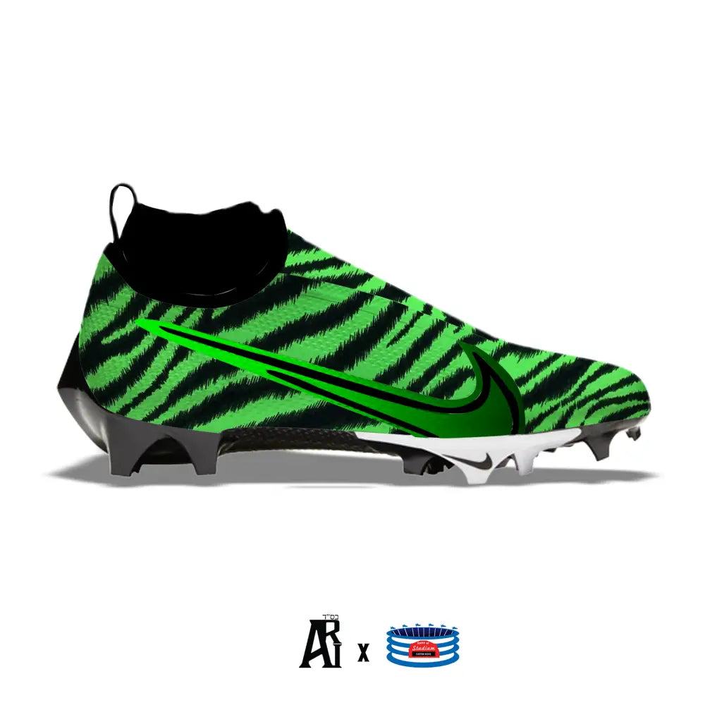 Green and black zebra-striped Nike Vapor Pro 360 Cleats from Neon Tiger collection