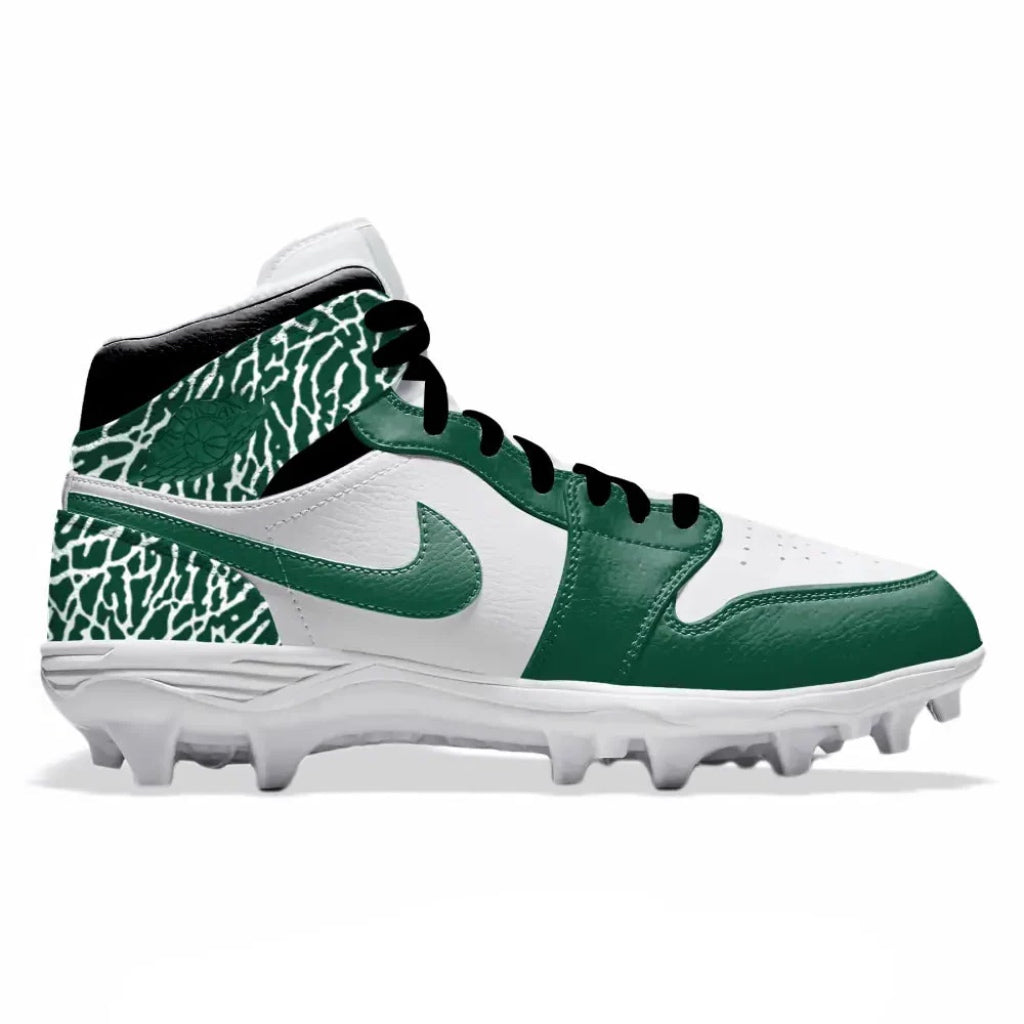 white and Jets green mid top football cleats on a white background.