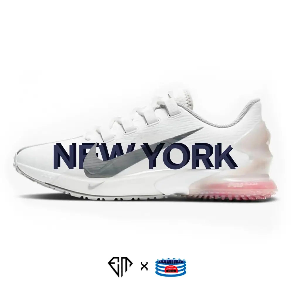 White Nike sneaker with New York text from the New York Nike Force Zoom Trout 7 Turf