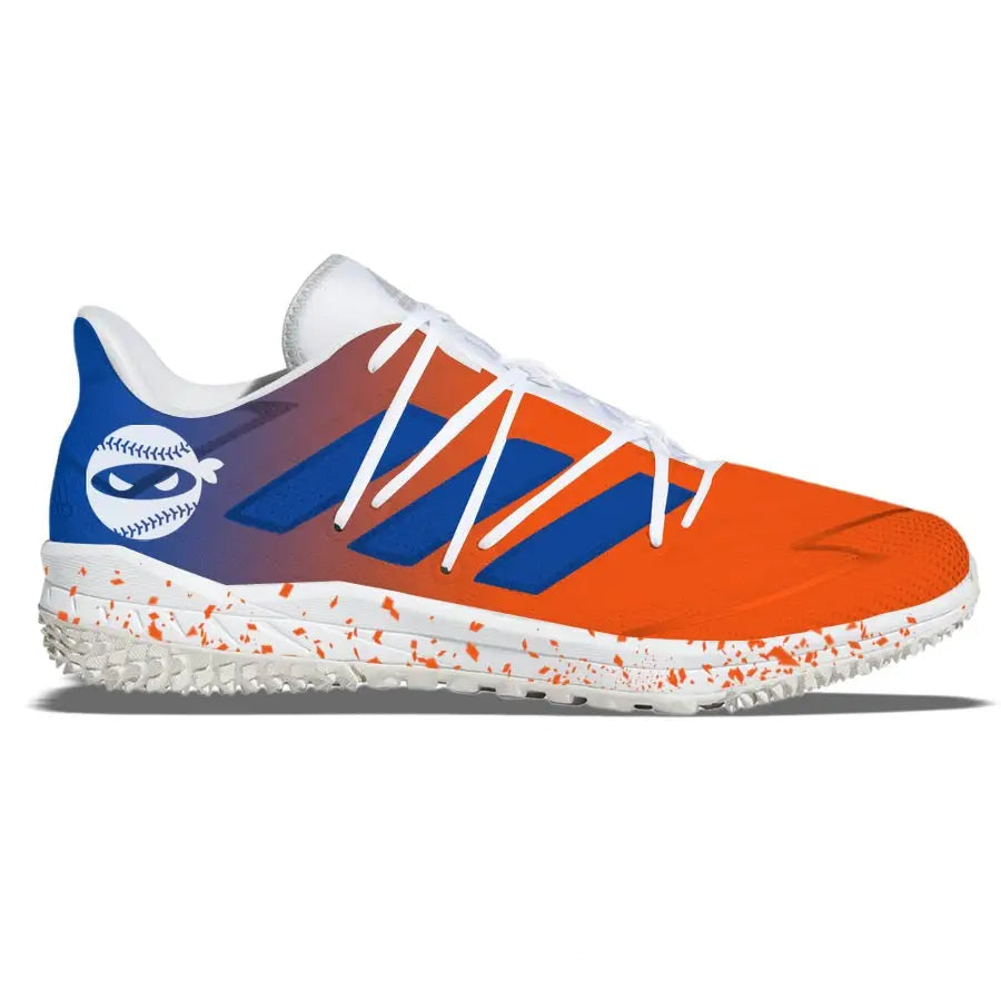 Orange and blue baseball cleat from New York Pitching Ninja Adidas Afterburner Turf Shoes