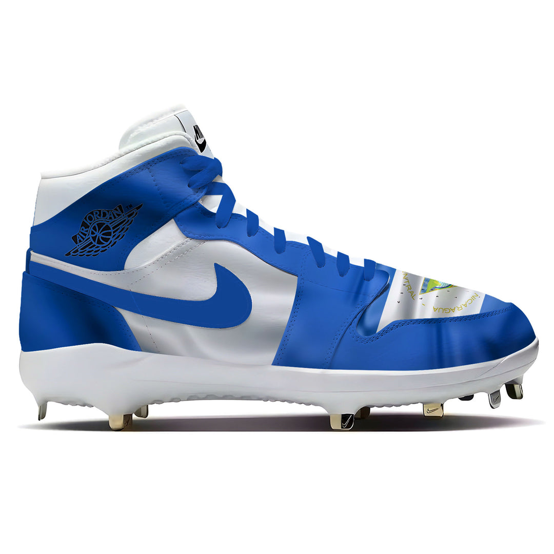 Jordan 1 Retro baseball cleats featuring a waving Nicaragua flag design in blue and white patriotic colors