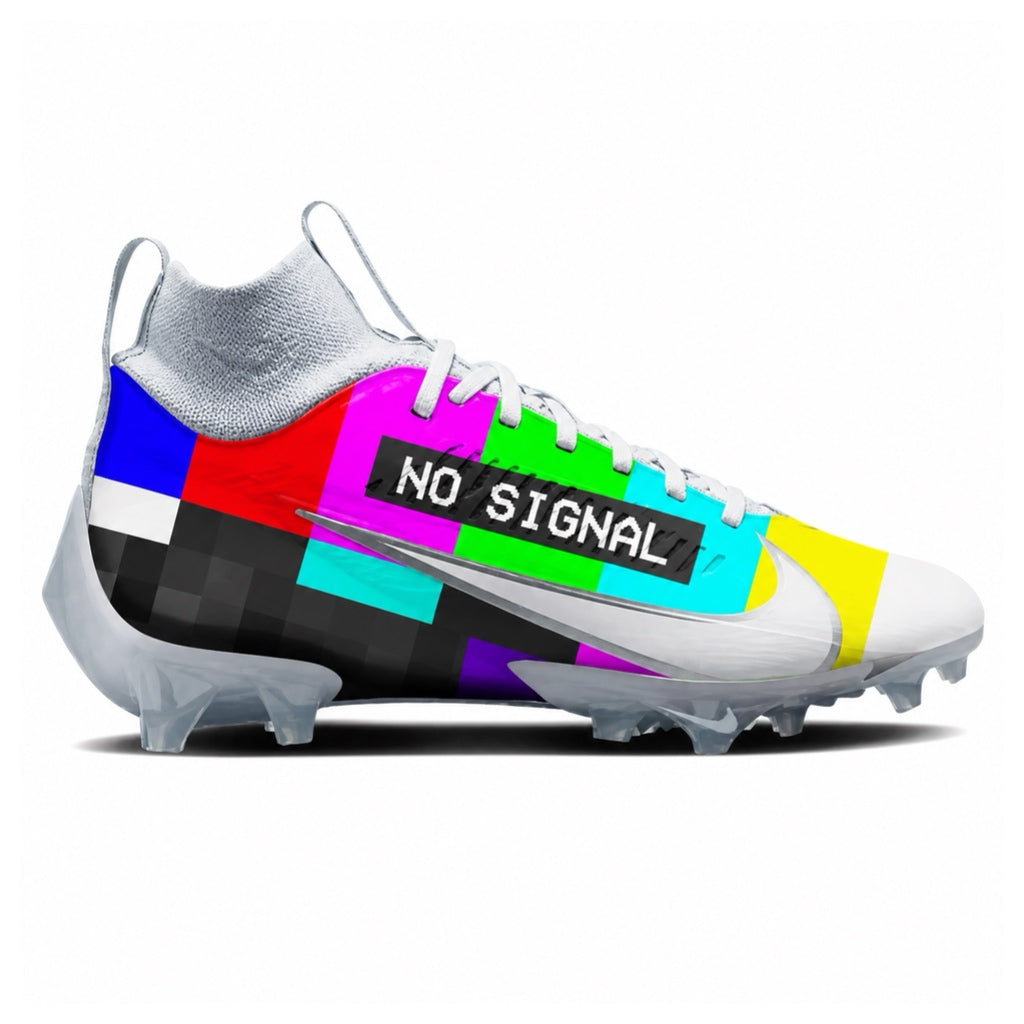 Colorful football cleat with 'NO SIGNAL' text on a white background