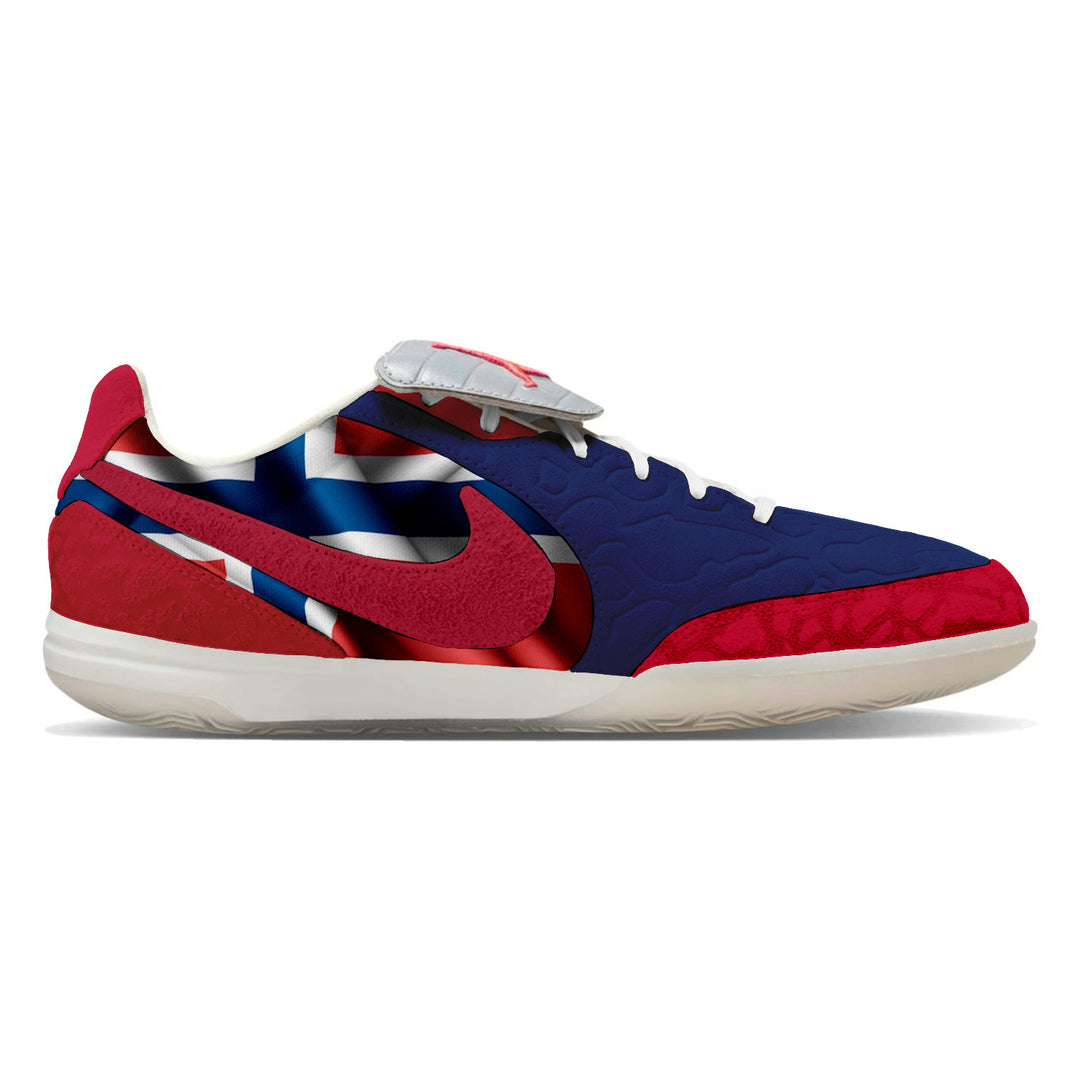 Jordan Tiempo Streetgato SE Indoor Soccer Shoes in a Norway colorway featuring a red, navy blue, and white design inspired by the Norwegian national team, custom made by Stadium Custom Kicks