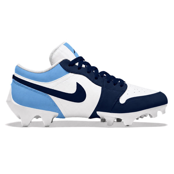 Navy and white Jordan 1 Vapor Edge football cleats side view by Stadium Custom Kicks
