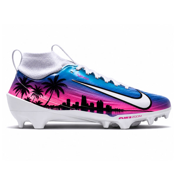 Nike Vapor football cleat in Miami sunset colorway with pink-blue gradient, palm tree skyline print, and white Swoosh by Stadium Custom Kicks
