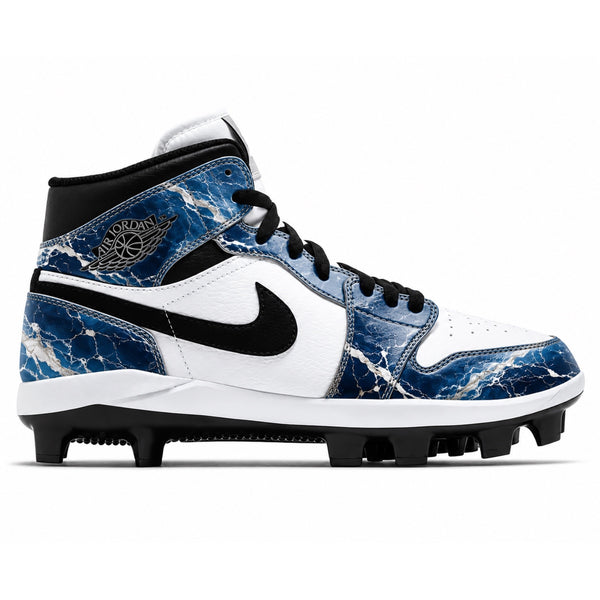 Blue ocean marble white and black Jordan 1 Retro MCS baseball cleats side view by Stadium Custom Kicks