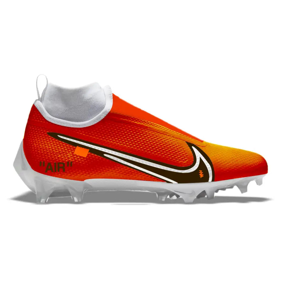 Orange and white Nike Vapor Pro 360 football cleat from Off-Cleveland Nike release