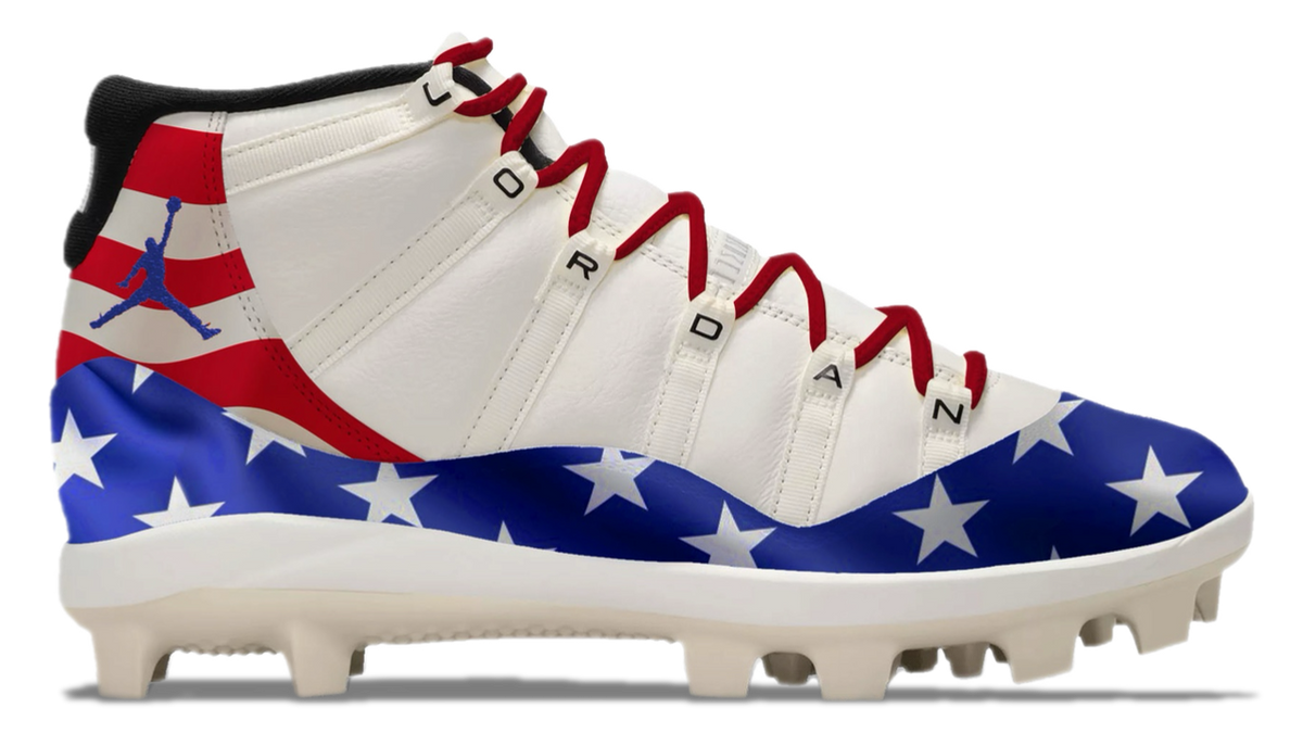White cleats with American flag design on a white background