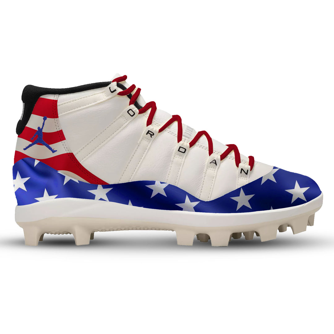 Old Glory custom Jordan 11 Retro MCS baseball cleats with American flag design featuring red stripes, blue stars, and red laces by Stadium Custom Kicks
