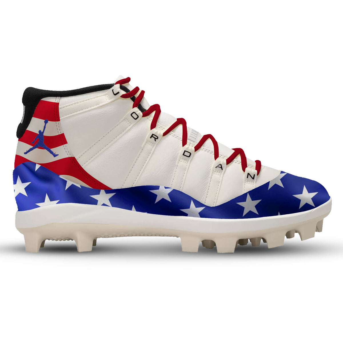 Old Glory custom Jordan 11 Retro MCS baseball cleats with American flag design featuring red stripes, blue stars, and red laces by Stadium Custom Kicks