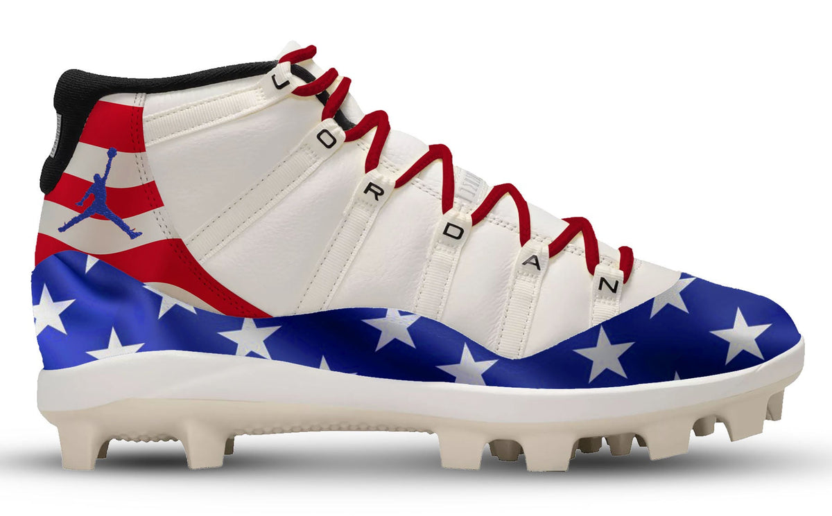 White baseball cleats with American flag design on a white background