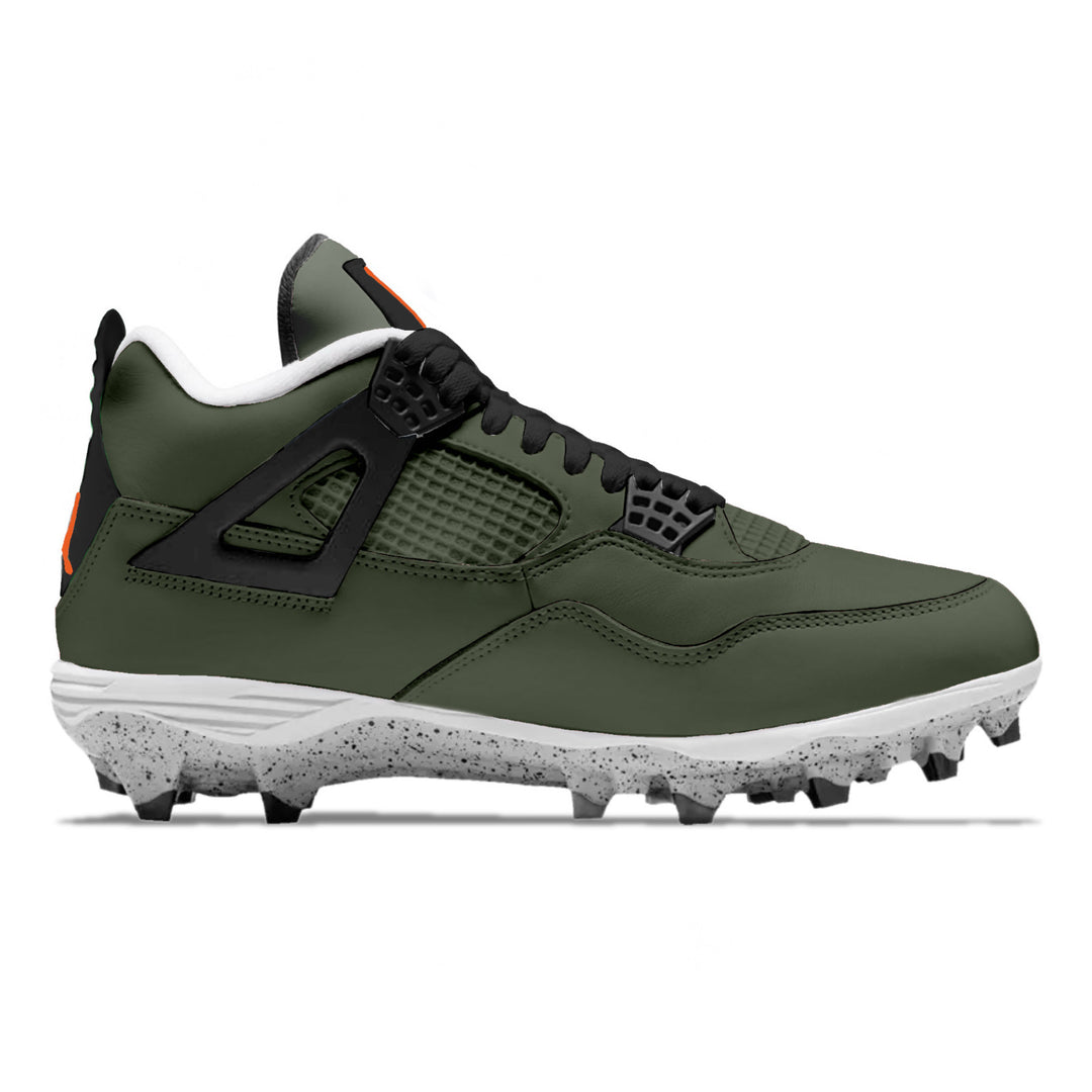 Olive green and black Jordan 4 Retro TD football cleats side view by Stadium Custom Kicks
