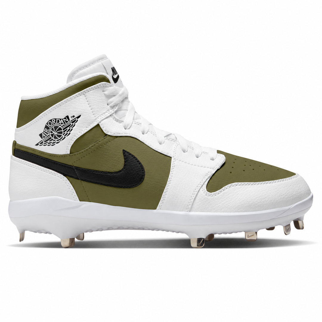 A high-top baseball cleat from Nike, featuring an olive green and white leather upper with a black Swoosh and a black Jumpman logo on the heel, set against a plain white background.