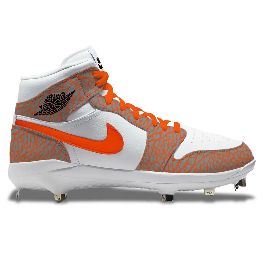 White and orange baseball cleat from Orange Elephant Jordan 1 Retro Cleats collection