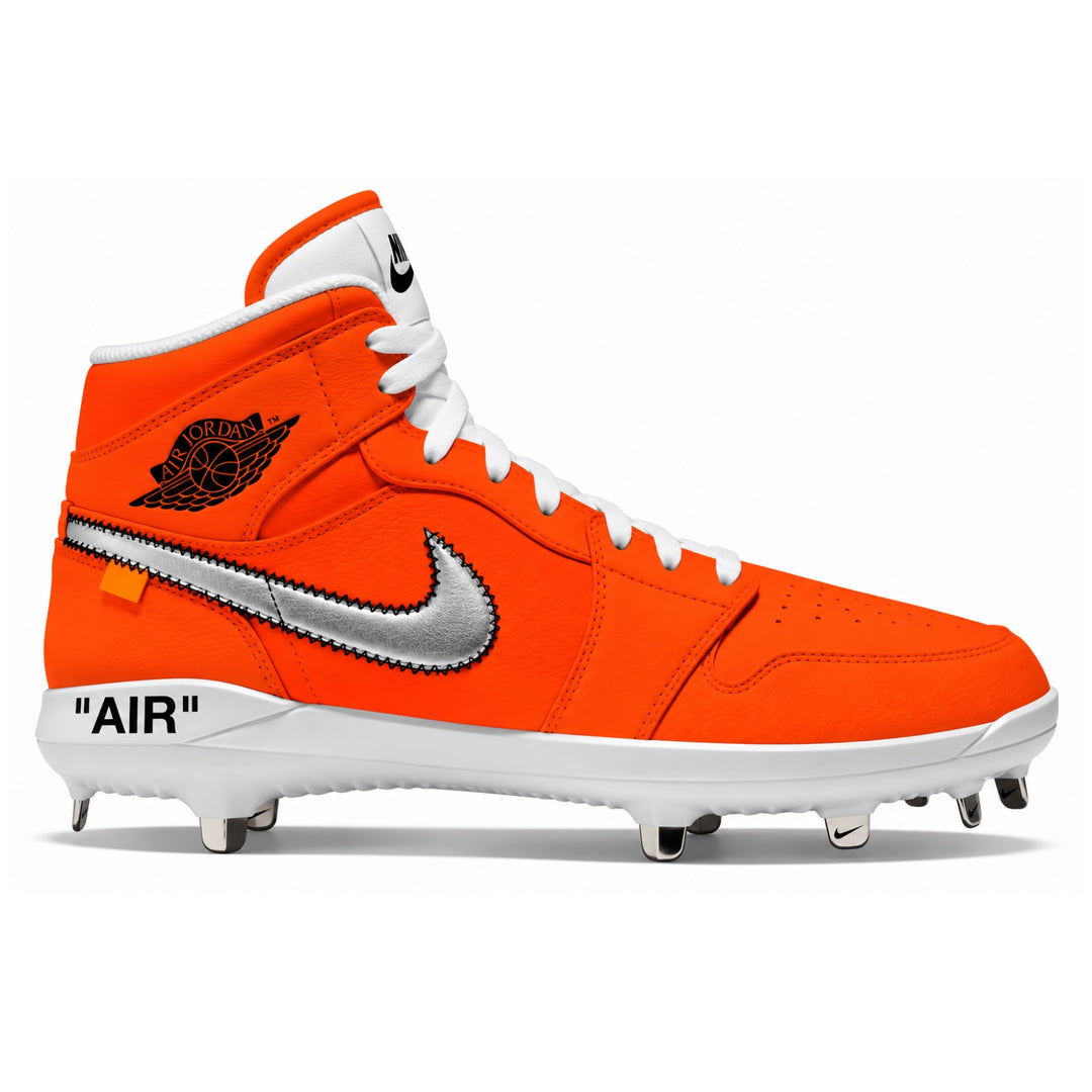 A high-top Nike baseball cleat in bright orange, white, and silver, featuring a black Jordan Wings logo on the side, a metallic silver Swoosh, and 'AIR' text on the heel, shown against a plain white background.