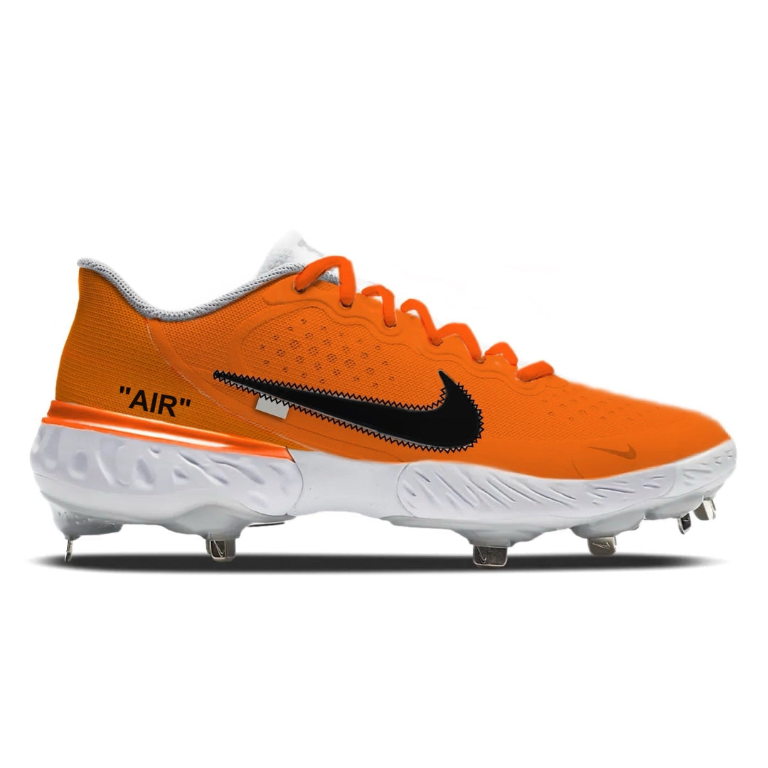 Orange and white baseball cleats with black Nike logo on a white background