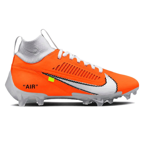 Orange Force OW Nike Vapor Edge Pro 360 2 molded football cleats featuring a bold orange upper, Off-White inspired design cues, contrasting white knit ankle collar, deconstructed white Swoosh with black zigzag stitching, quotation-mark "AIR" text branding, and a translucent grey traction outsole with molded cleats by Stadium Custom Kicks