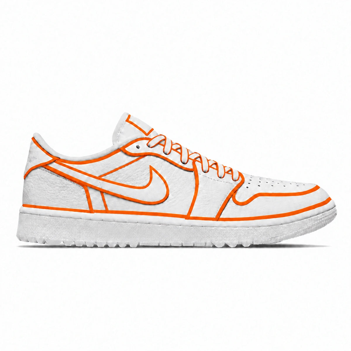 White Jordan 1 Low golf shoe with custom orange panel outlines, an orange-outlined Swoosh, and white laces with orange edges, shown from the side.