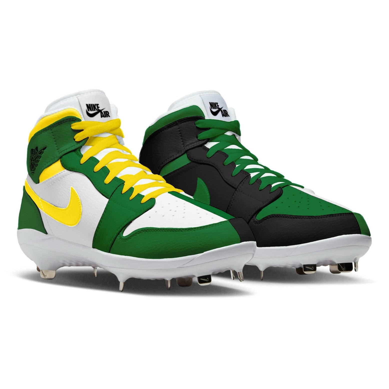 Green, yellow, and white cleats with Nike logo on a white background