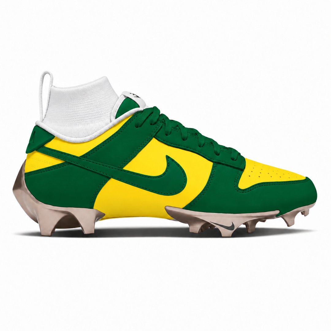 A Nike football cleat in green and yellow with a white sock insert, shown in a side profile on a white background.