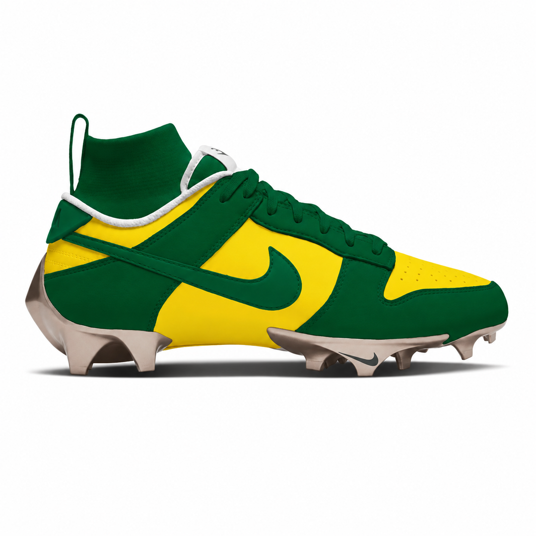 A Nike football cleat in green and yellow, featuring a green Nike Swoosh on a bright yellow side panel, green overlays, a green ankle collar, and beige-tan cleats, shown against a plain white background.