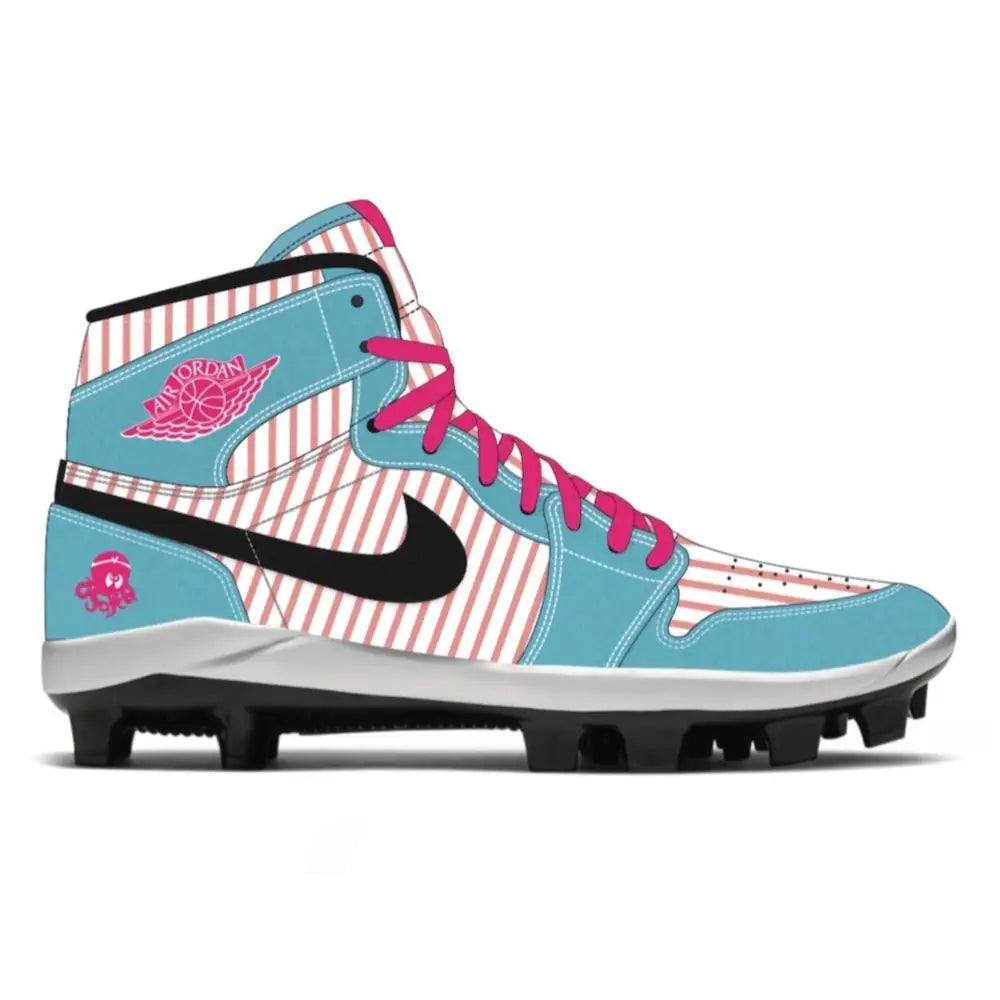 Turquoise and pink striped baseball cleat from Osaka Jordan 1 Retro Cleats collection