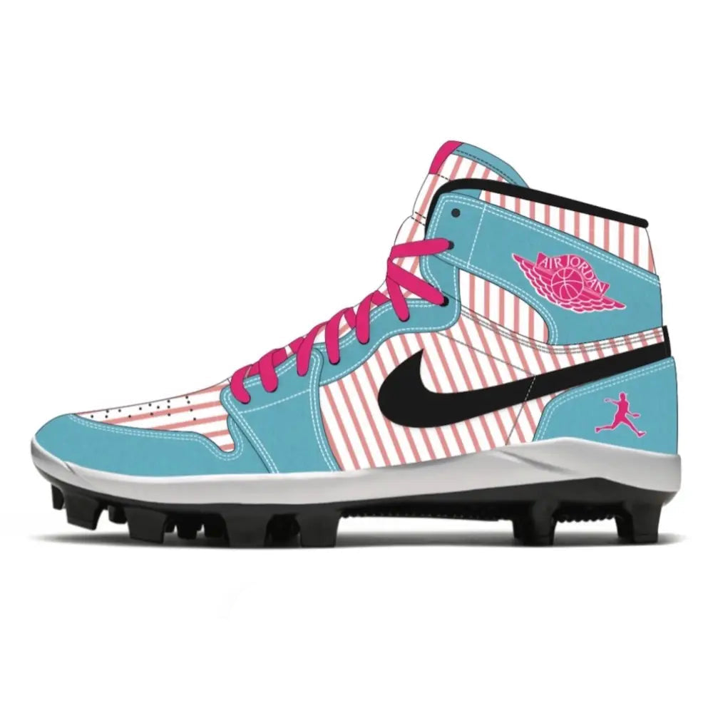 Turquoise and pink striped Osaka Jordan 1 Retro Cleats for basketball and display