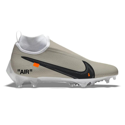 Off-White Nike Vapor Edge Dunk football cleat displayed in OW Cream Nike Vapor Pro 360 Cleats