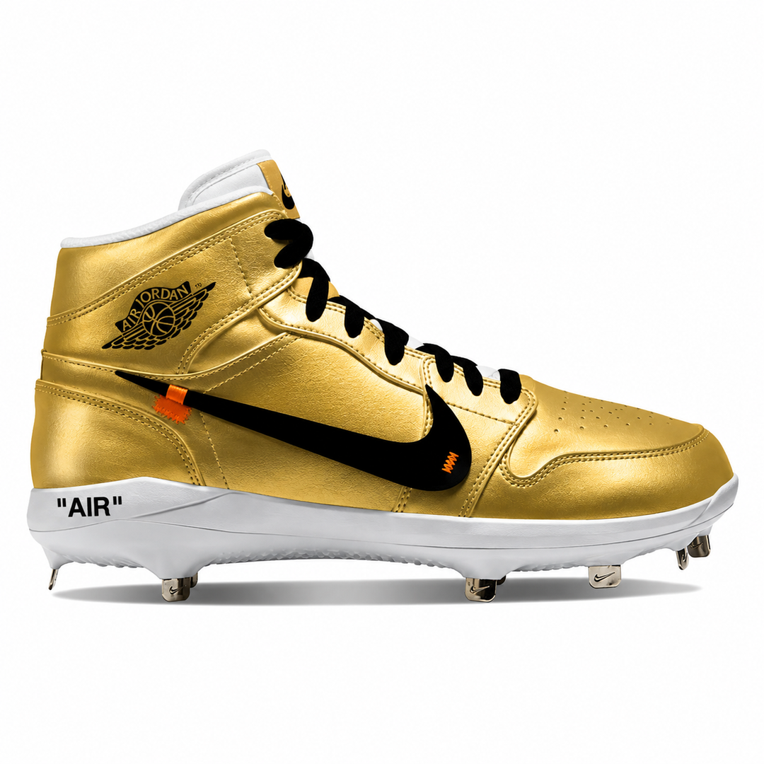 A metallic gold high-top baseball cleat featuring a black Nike Swoosh, black laces, a white midsole with 'AIR' text, and gold-and-black Jordan Wings branding on the side, shown against a plain white background.