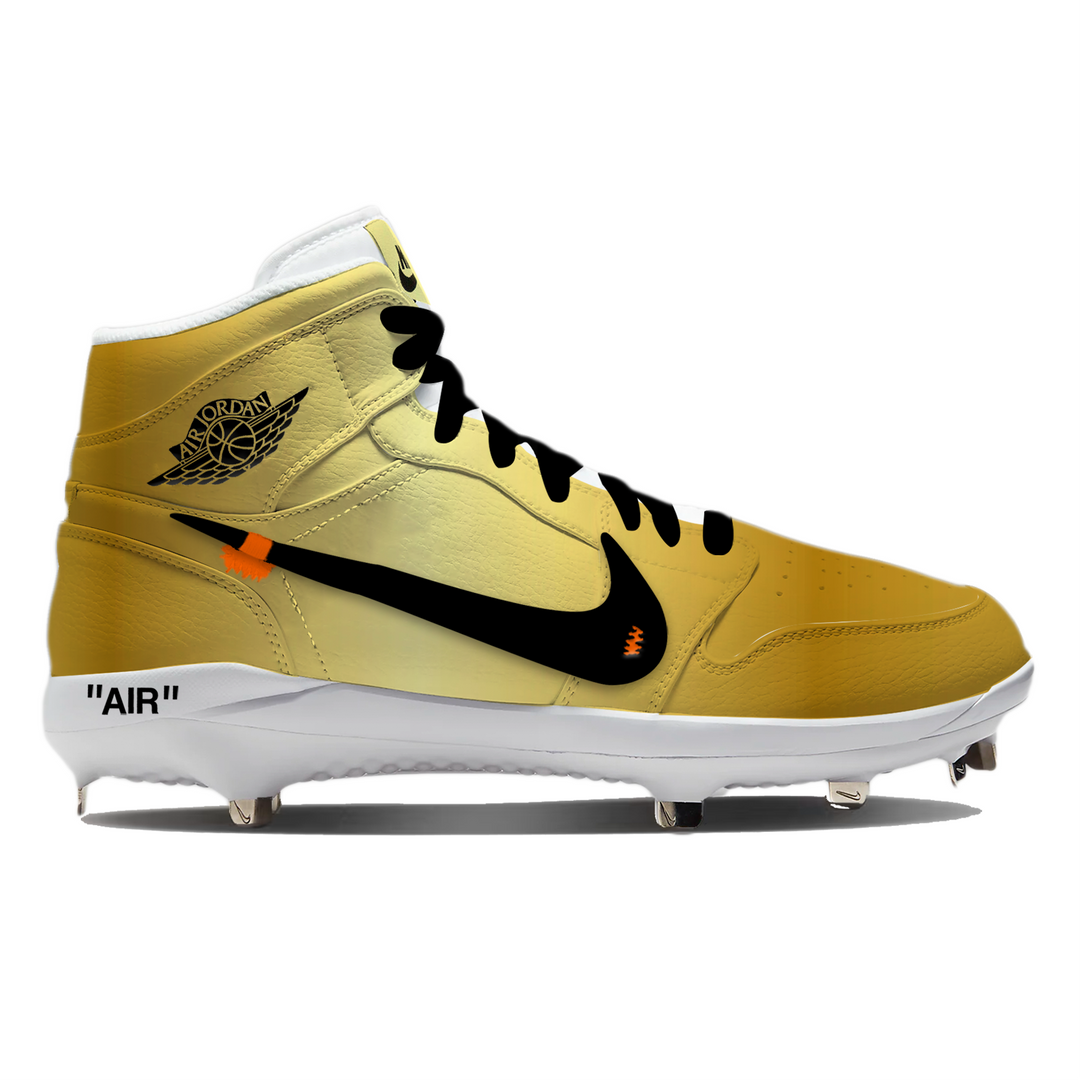 Gold high-top cleats with black swoosh logo on a white background