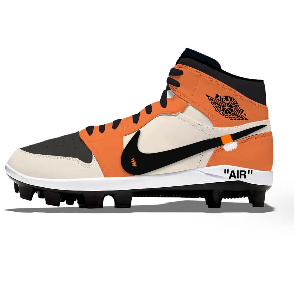 Orange and white Jordan 1 Retro Cleats labeled OW Orange Cream for baseball footwear