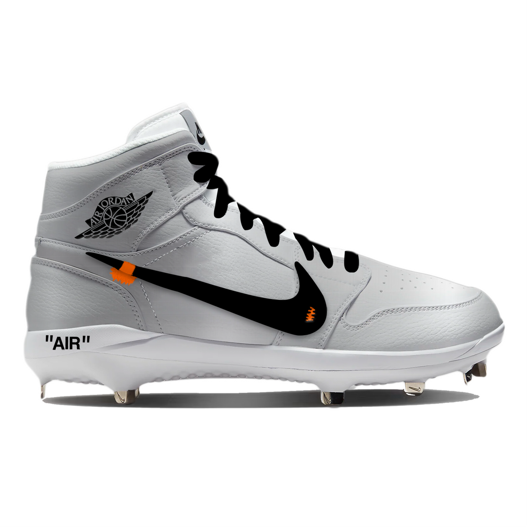 Gray high-top baseball cleats with black Nike logo and orange accents on a white background