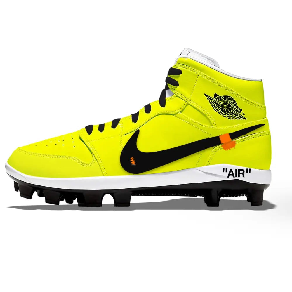 Yellow and black OW Volt Jordan 1 Retro Cleats for baseball with sporty design