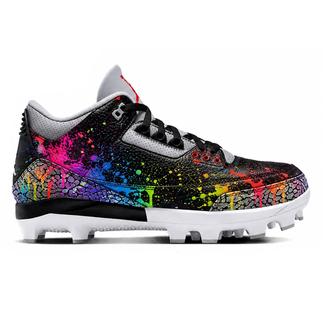 Custom black Jordan 3 Retro MCS cleats featuring a vibrant multicolor paint-splatter design over an elephant print pattern — by Stadium Custom Kicks