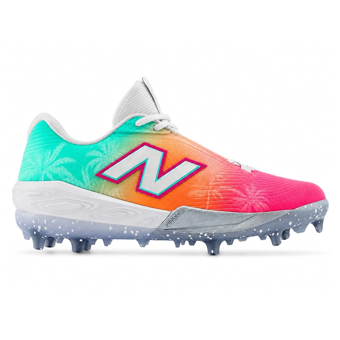 Custom colorway featuring a teal, orange, and hot pink sunset gradient with palm tree print and speckled grey outsole by Stadium Custom Kicks