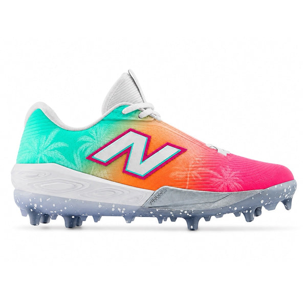 Custom colorway featuring a teal, orange, and hot pink sunset gradient with palm tree print and speckled grey outsole by Stadium Custom Kicks