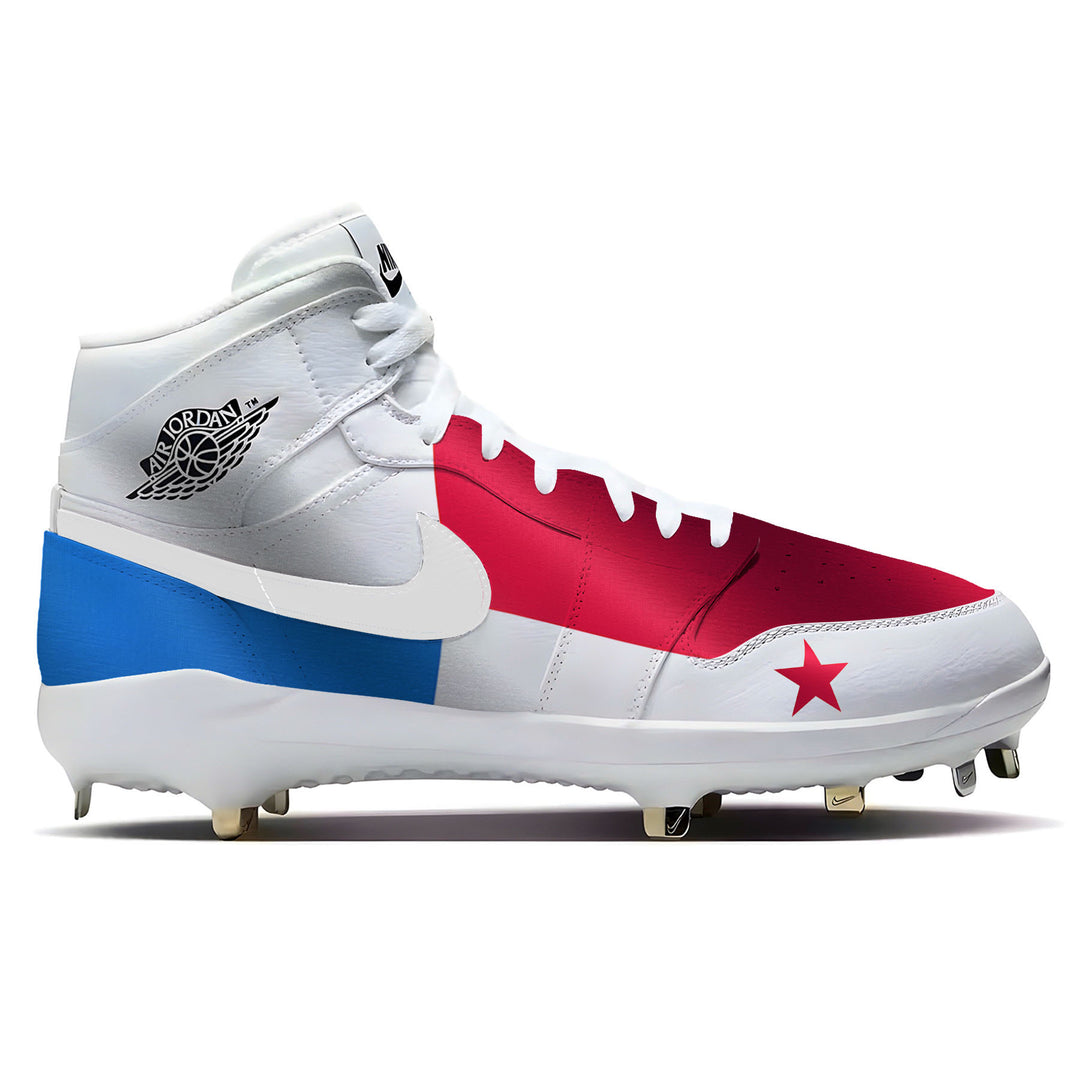 Jordan 1 Retro baseball cleats featuring a waving Panama flag design with red, white, and blue patriotic color