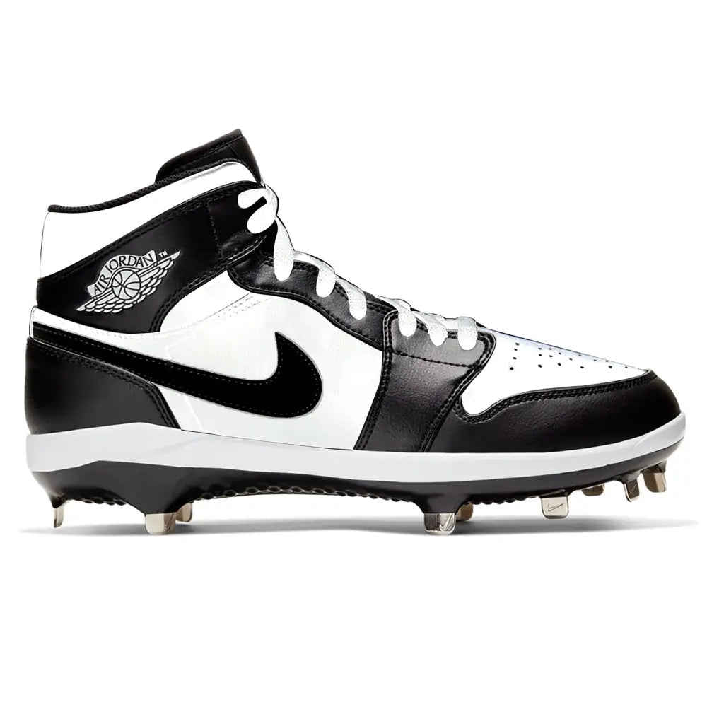 Black and white Panda Jordan 1 Retro Cleats displayed on a plain background