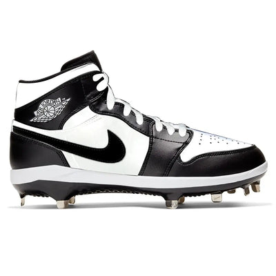 Black and white Panda Jordan 1 Retro Cleats displayed on a plain background